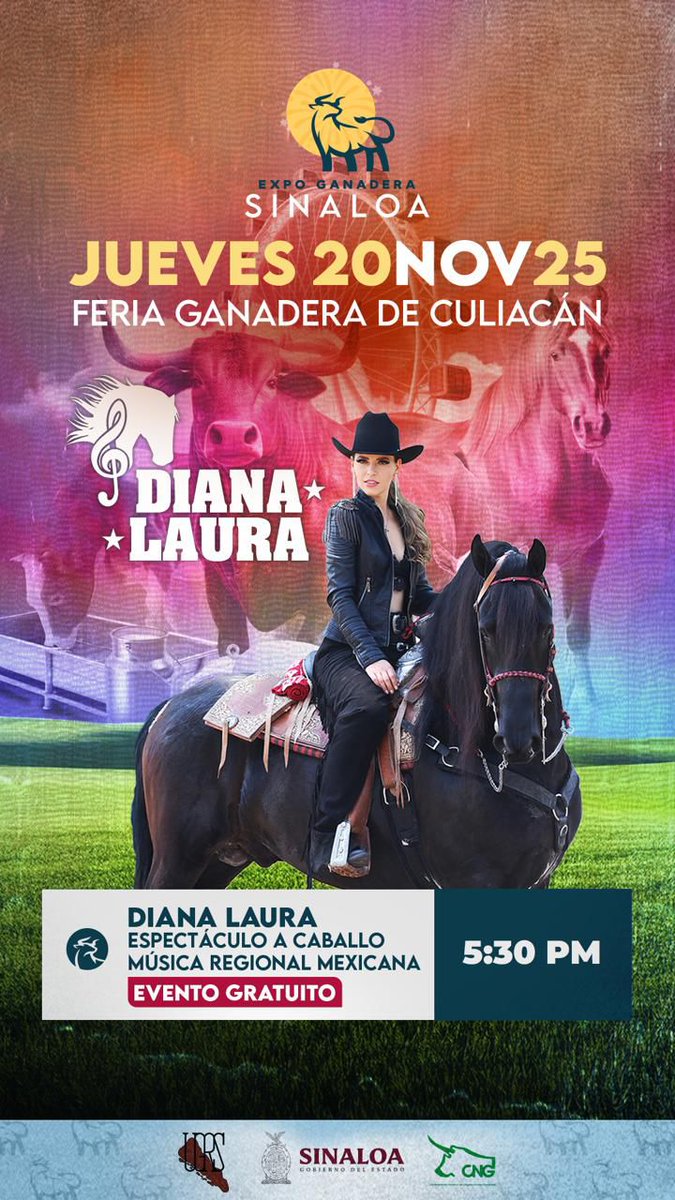 🐂🎉La #SAyG te invita a la Feria Ganadera Culiacán este 20 de Noviembre.

Habrá música regional mexicana y espectáculo a caballo. ¡No faltes!

#ExpoGanadera #Ganadería #Sinaloa