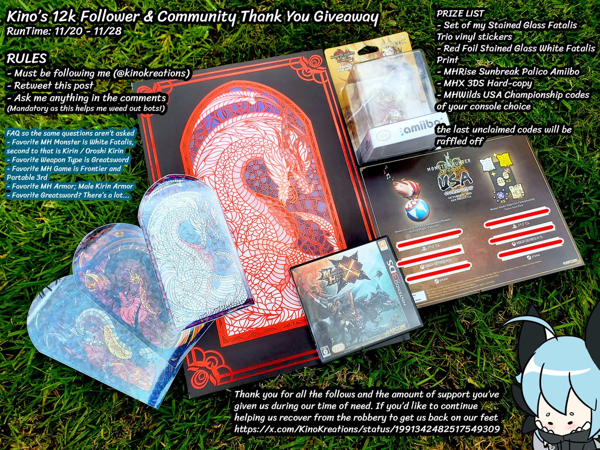 KinoKreations's tweet image. 💙Kino&apos;s 12k Follower &amp;amp; Community Thank You Giveaway💙
The support you&apos;ve all given us during our time of need and to 12k followers, as a thank you I&apos;ll be running a small giveaway;

Rules: 
- Must be following
- Retweet
- Ask me Anything (helps weed out bots)

#MonsterHunter