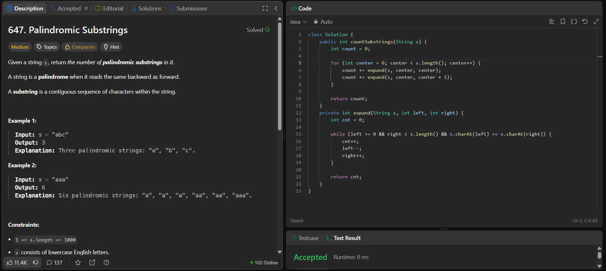 rituu_09's tweet image. Day 324 of 2025:                                        
👩‍💻 Code to Crack Companies!     
▫️Palindromic Substrings
▫️Longest Palindromic Substring
#placementprep #2025Goals #leetcode #letsconnect