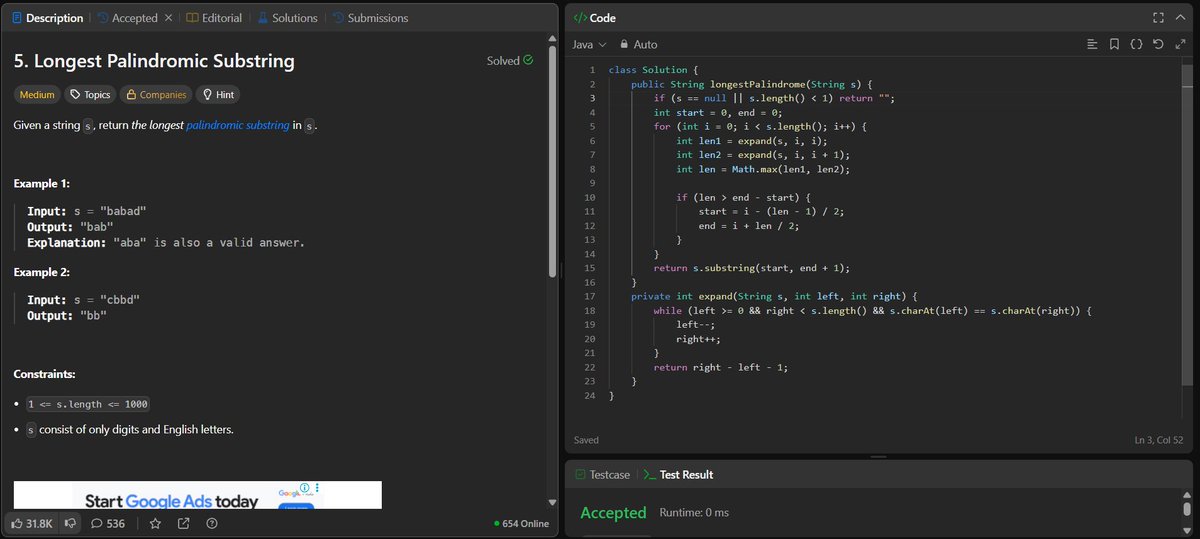 rituu_09's tweet image. Day 324 of 2025:                                        
👩‍💻 Code to Crack Companies!     
▫️Palindromic Substrings
▫️Longest Palindromic Substring
#placementprep #2025Goals #leetcode #letsconnect