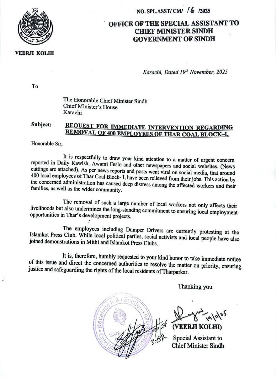 سڀن دوستن کي گزارش آ،
ٿر ڪوئل مان 400 مقامي سنڌي ماڻهن کي نوڪرين ڪڍي ڇڏيو،
ان لاء پنهنجو ڪردار ادا ڪن، 
#ReinstateTharCoalEmployees