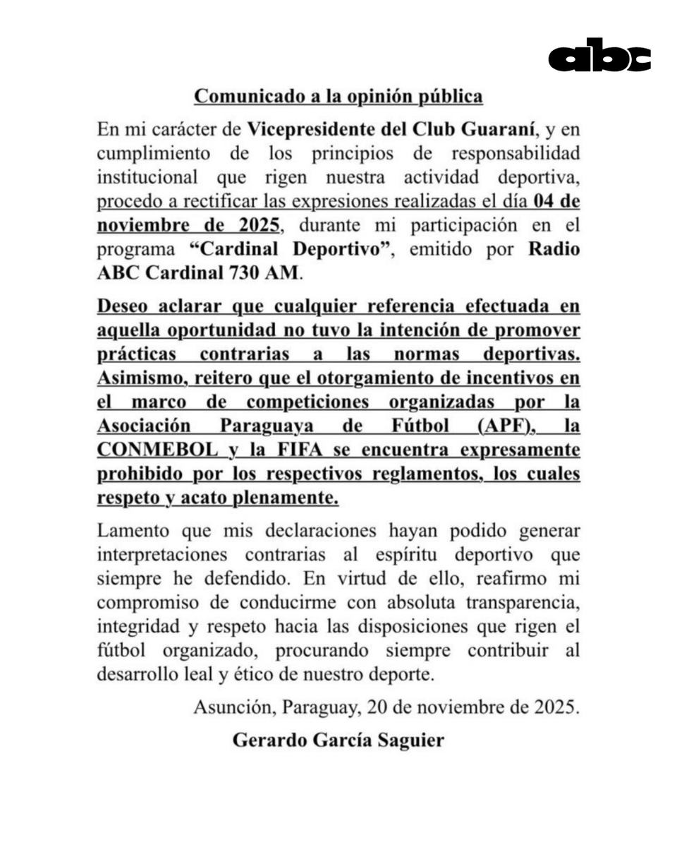 ABCDeportes's tweet image. #Guaraní | SE RECTIFICA 📃

El vicepresidente de Guaraní, Gerardo García, rectificó sus declaraciones para el Cardinal Deportivo, donde afirmó: “Le vamos a dar el máximo incentivo a Trinidense” 🗣️

Aclaró que no buscó promover prácticas prohibidas y recordó que los incentivos…