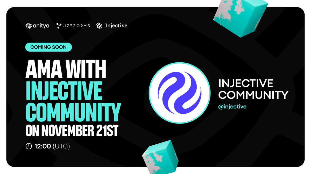 Join us in the AMA session of <a href="/injective/">Injective 🥷</a> x <a href="/anitya_space/">anitya</a>  x <a href="/LifeFormsNFT/">LifeForms</a> and learn about anitya, Lifeforms, and the Loyalty Earn Reward Program.

+ There's a hot alpha for Ninja Pass Holders &amp; More!

21st November | 12PM UTC
Set reminder and show up ninjas!
Server link below 👇