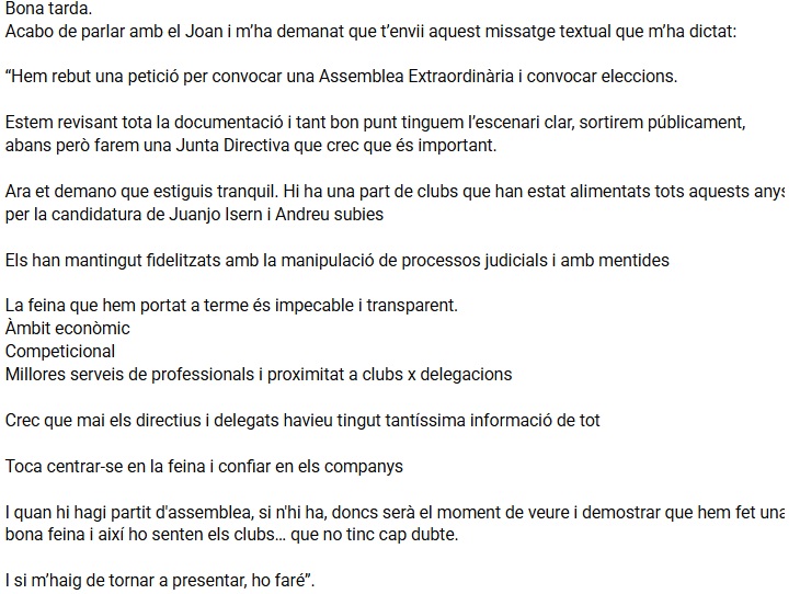 Moguda a la <a href="/FCF_CAT/">Federació Catalana de Futbol</a> després de la petició d'Assemblea de 441 clubs. Soteras, encara president, s'inquieta i dicta al 'vicesecre' Garrido que tranquil·litzi als seus Delegats "i si m’haig de tornar a presentar, ho faré”

#futbolcat