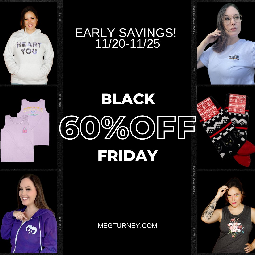 MegTurneyMerch's tweet image. HOLIDAY DEALS ARE LIVE ✨ From today 11/20 until Tuesday 11/25 at midnight, Merch is 60% OFF 🖤 Black Friday/Cyber Monday weekend comes early!