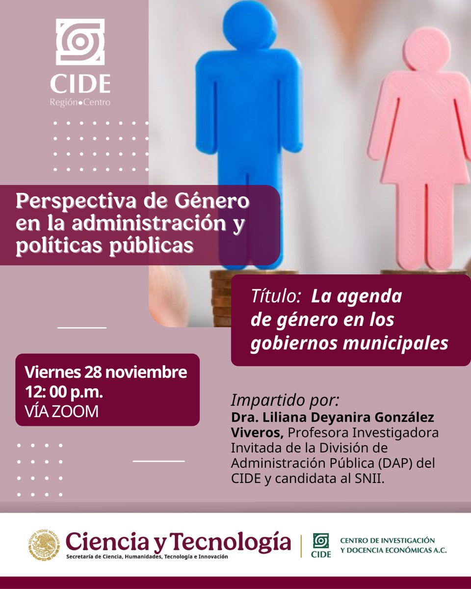 CIDE_RC's tweet image. Seminario mensual sobre “Perspectiva de género en la administración y políticas públicas”, ✨
📌 28 de noviembre
⏰ 12:00 pm
🔰Tema: La agenda de género en los gobiernos municipales
🌐 Evento en línea por zoom.
Registro aquí: forms.office.com/r/wwDm2JMwcd