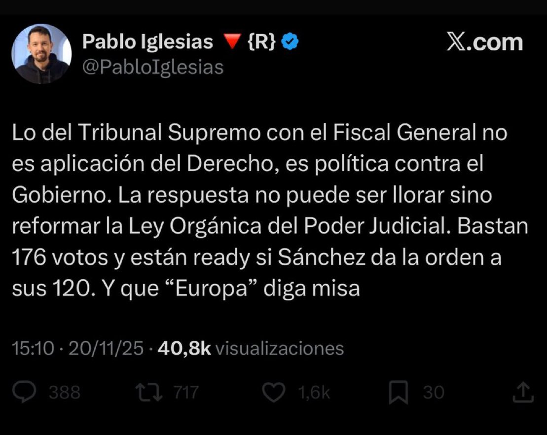 SrLiberal's tweet image. Pablo Iglesias Turrión pide a Pedro Sánchez dar un golpe de Estado y reformar la LOPJ para asaltar el Tribunal Supremo y la judicatura.