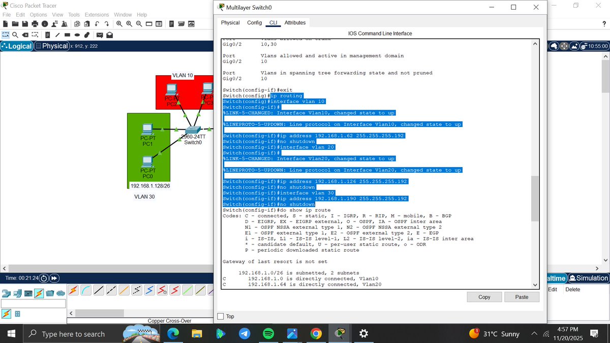 amyy_nwa's tweet image. Day14/100 #100DaysOfNetworking
Still on understanding VLANs today was about implementing intervlan routing using SVIs on a layer3 switch
SVIs are faster and more efficient than ROAS because switching and routing are done on the same hardware. @ireteeh @segoslavia @TemitopeSobulo