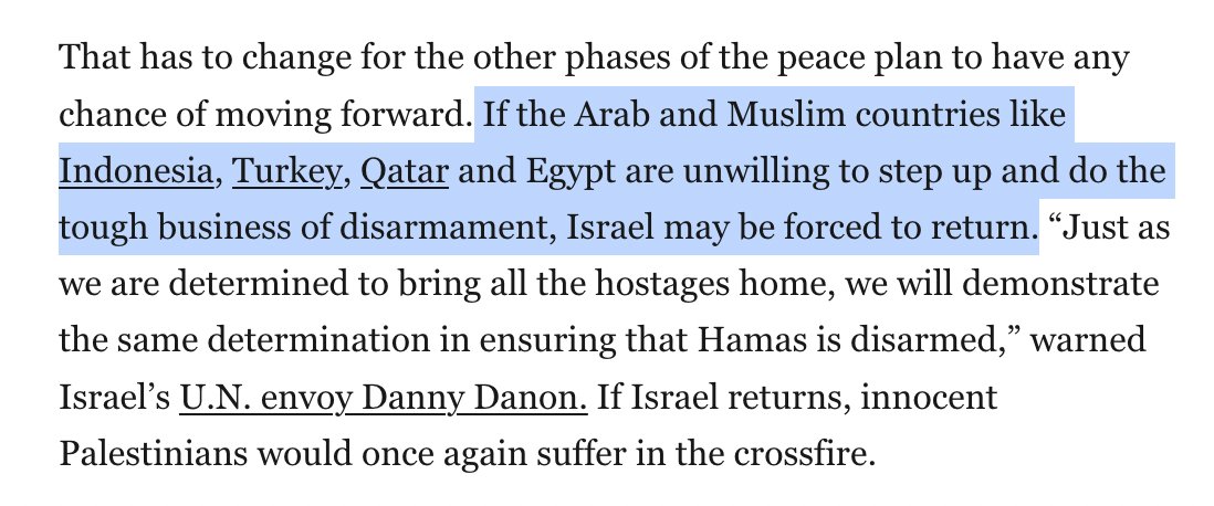 Typically dopey rw editorial from the Post here but love the Interchangeable Arab Trope. Why would "Muslim" countries be able to "disarm" Hamas when Israel couldn't do so via 2 years of collective punishment and mass killing? Do they think they have a special Muslim password?