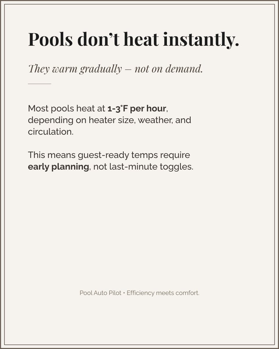 PoolAutoPilot's tweet image. Pools don&apos;t heat instantly.
Most warm 1-3°F/hr and lose heat fast overnight.
If temps are inconsistent, it&apos;s not the heater - it&apos;s the timing.
Automation = stable temps + lower bills.

💧Pool Auto Pilot