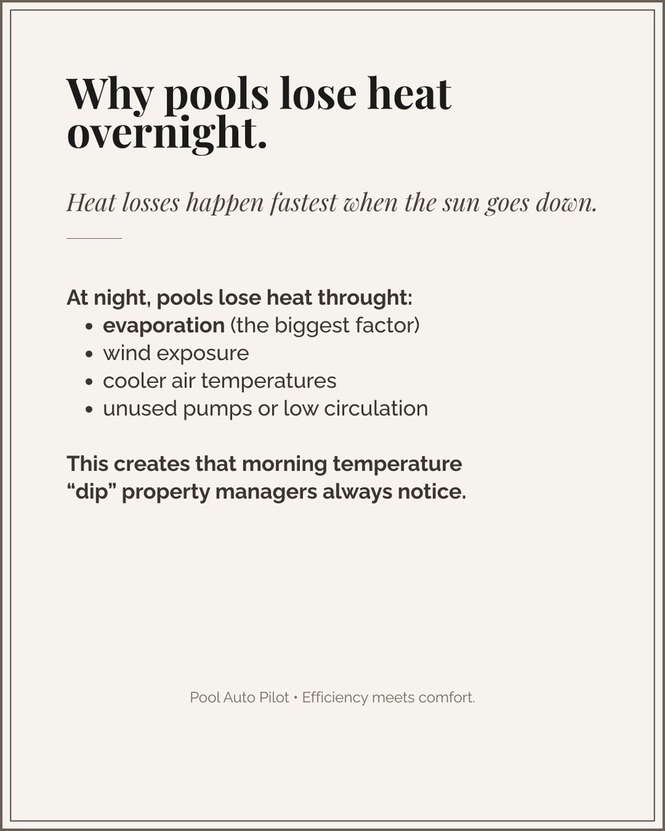 PoolAutoPilot's tweet image. Pools don&apos;t heat instantly.
Most warm 1-3°F/hr and lose heat fast overnight.
If temps are inconsistent, it&apos;s not the heater - it&apos;s the timing.
Automation = stable temps + lower bills.

💧Pool Auto Pilot