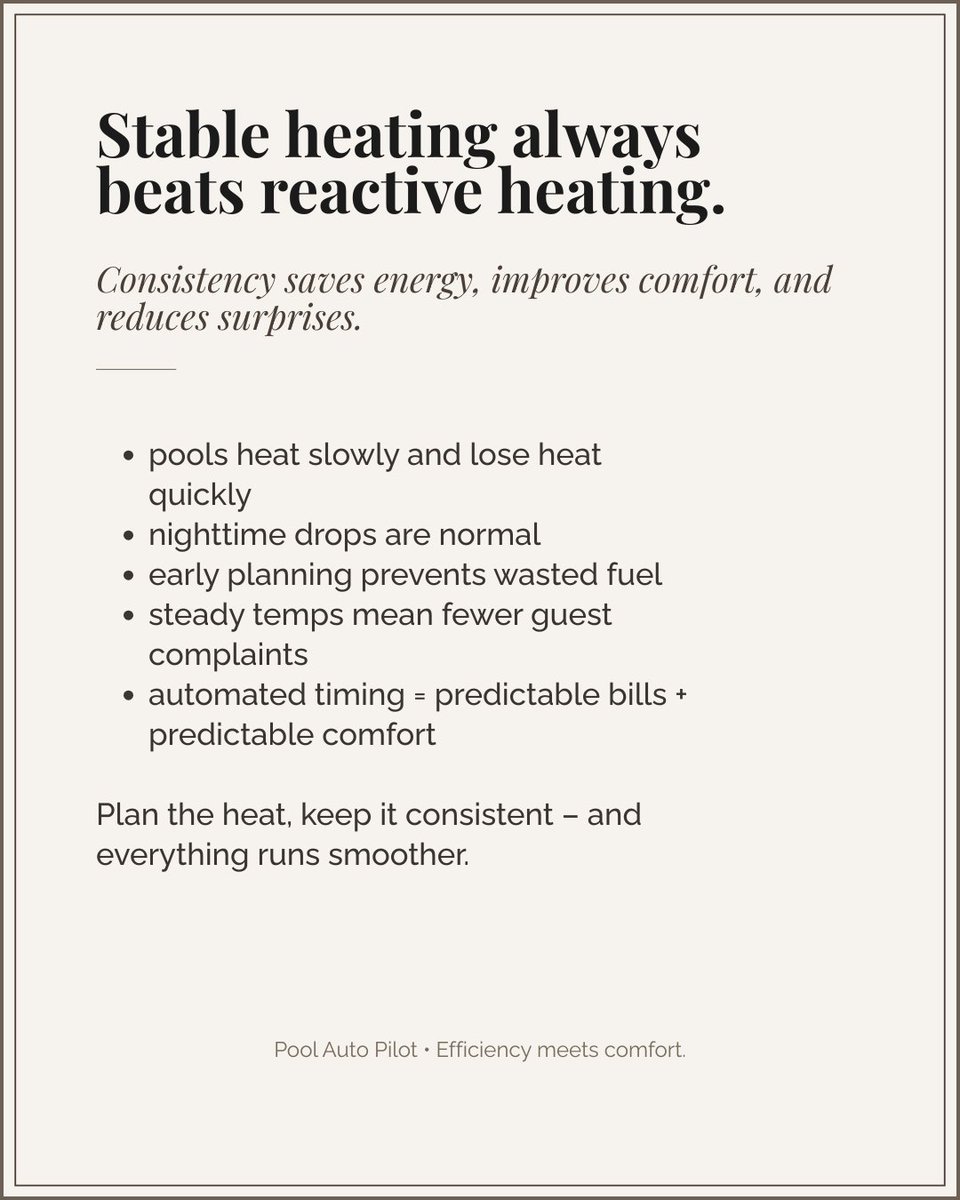 PoolAutoPilot's tweet image. Pools don&apos;t heat instantly.
Most warm 1-3°F/hr and lose heat fast overnight.
If temps are inconsistent, it&apos;s not the heater - it&apos;s the timing.
Automation = stable temps + lower bills.

💧Pool Auto Pilot