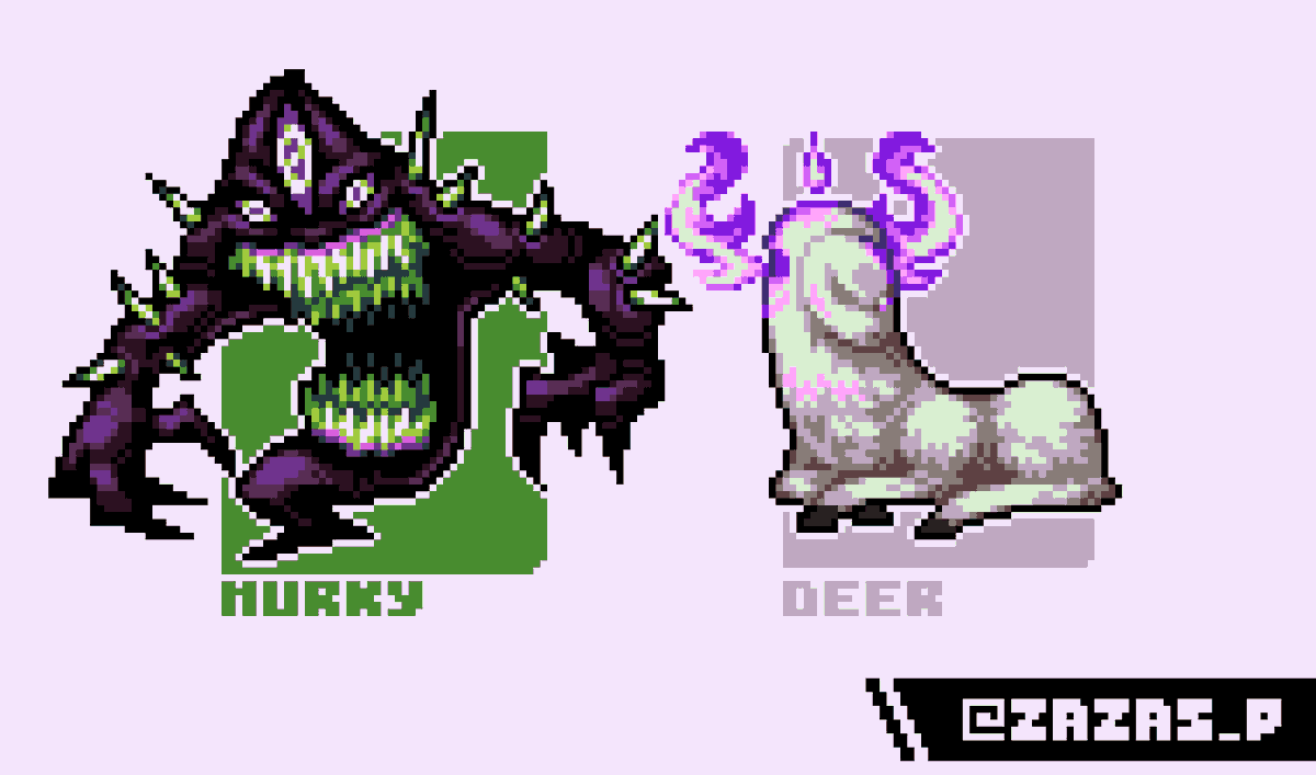 ZaZas_P's tweet image. October is over and I really enjoyed this dynamic, so I’m calling it “GaruMonsters” and I’ll keep posting more word-based designs 🦌👻
#pixelart #ドット絵