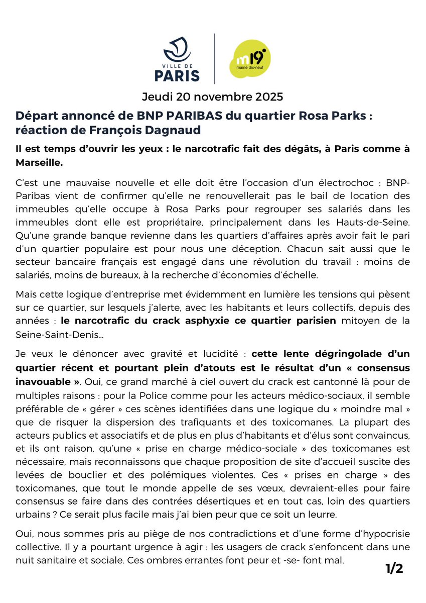 FrancoisDagnaud's tweet image. Départ annoncé de BNP PARIBAS du quartier Rosa Parks : retrouvez ma réaction complète 👇