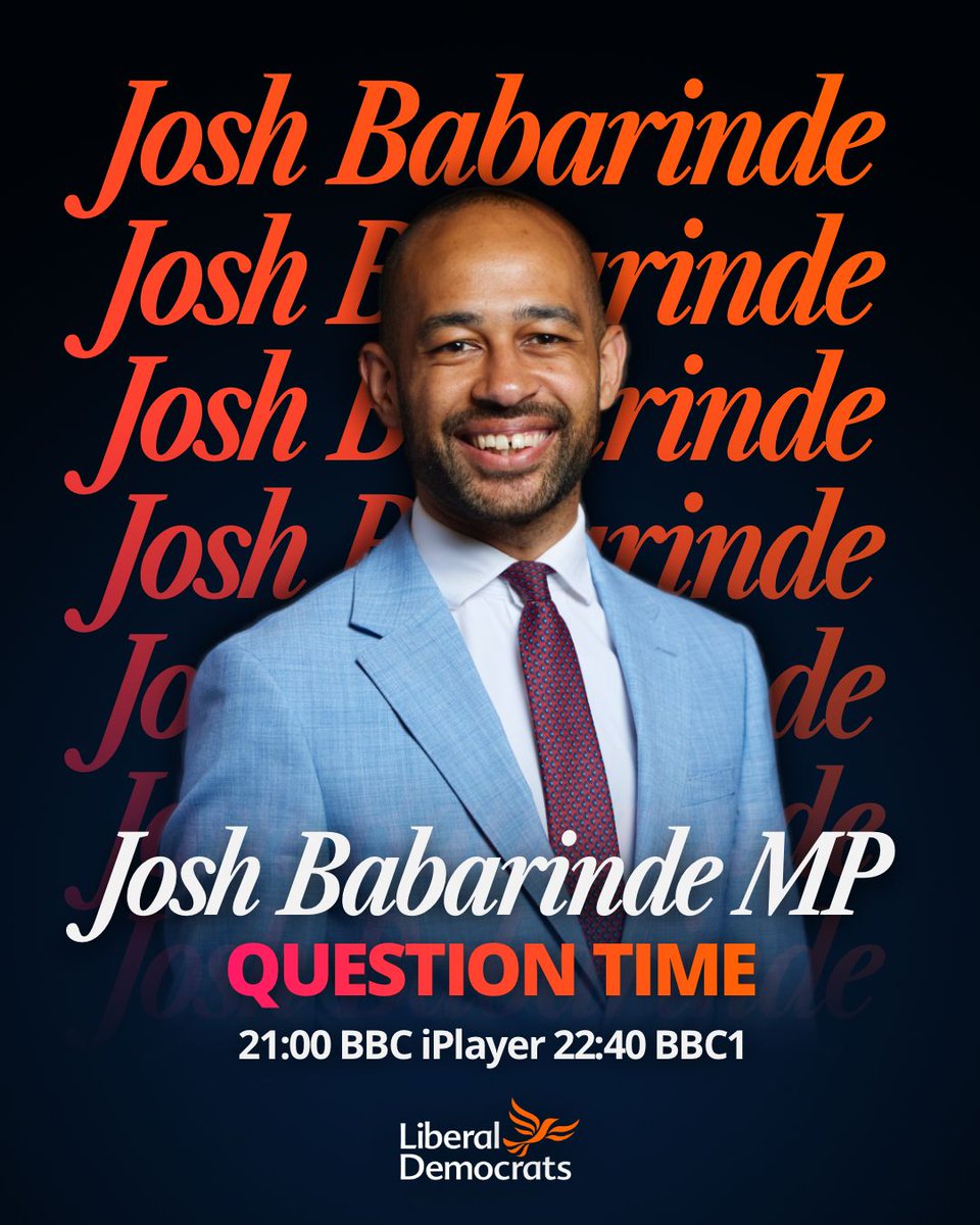 LibDems's tweet image. Tune into BBC1 after the News at 10 or live on BBC iPlayer from 9pm to catch @JoshBabarinde on @bbcquestiontime! #BBCQT