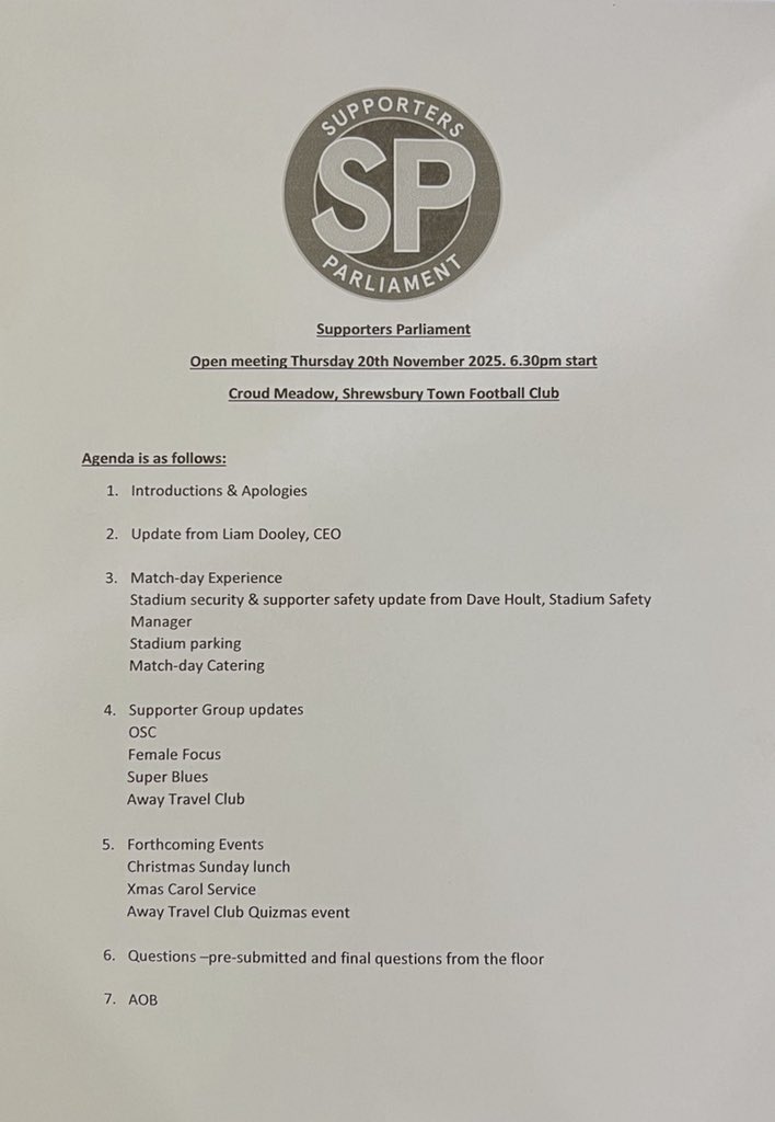 STFCSP's tweet image. Tonight’s agenda.
#Salop