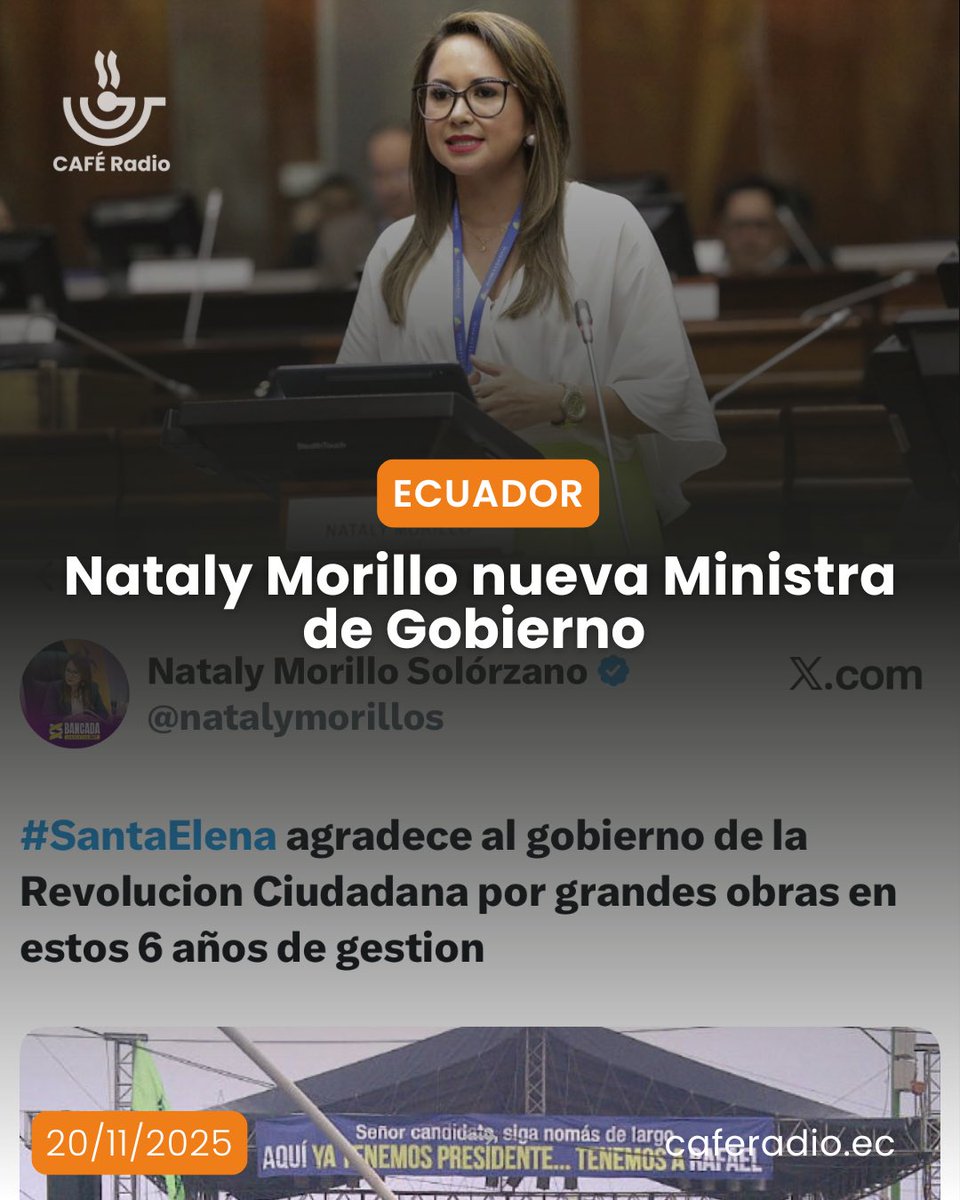 CafeRadioEc's tweet image. 🔴🇪🇨📻 Nataly Morillo, nueva ministra de Gobierno

La actual asambleísta por ADN, en el periodo anterior fue legisladora por Construye en lugar de Patricio Carrillo

Comunicadora de profesión, fue asesora de María Paula Romo en el Ministerio de Gobierno y funcionaria de la SECOM.