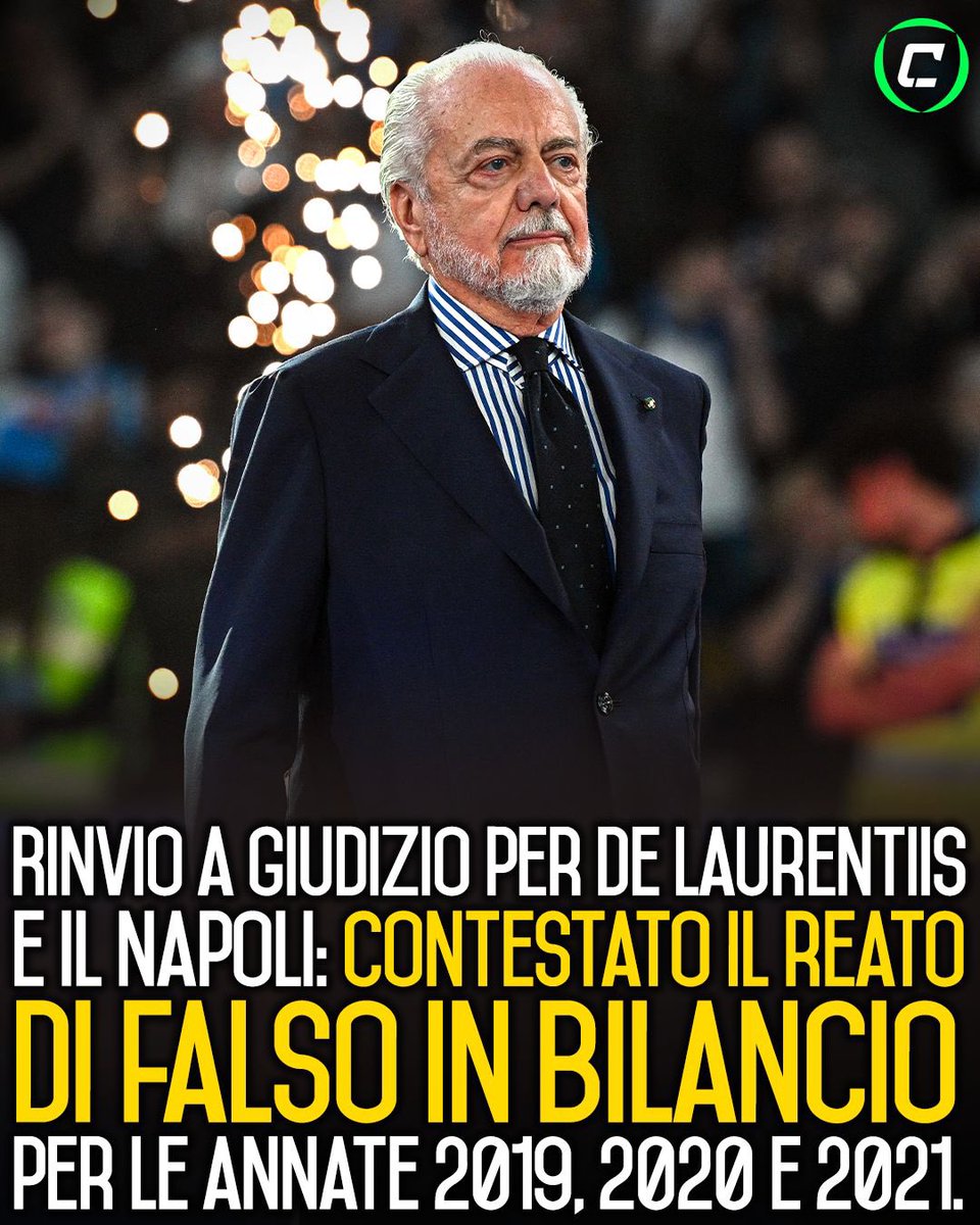 CronacheTweet's tweet image. Aurelio De Laurentiis, l’ad Andrea Chiavelli e il Napoli sono stati rinviati a giudizio dal gup di Roma per il reato di falso in bilancio in relazione alle annate 2019, 2020 e 2021 🚨

Il procedimento verte sulle presunte plusvalenze fittizie nell’acquisizione di Kostas Manolas…
