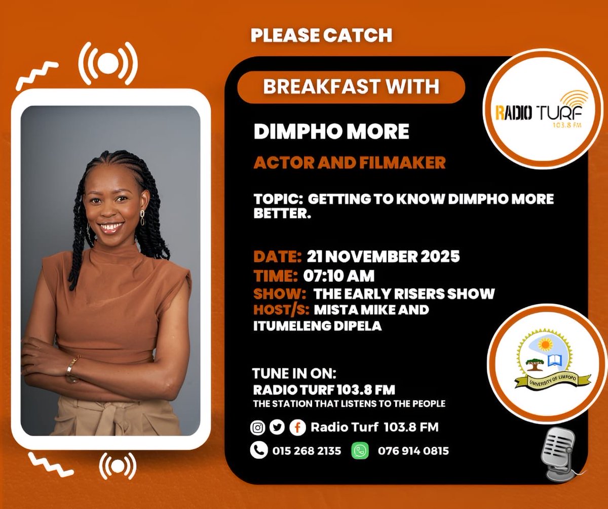 SkeemSaam3's tweet image. Catch Actress Dimpho More tomorrow morning at 07:10AM on @RadioTurf 103.8 📻💕#TheEarlyRisersShow 
#SkeemSaam