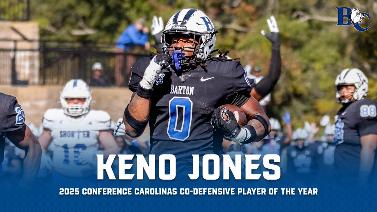 Barton Football places 8⃣ on the 2⃣0⃣2⃣5⃣ All-<a href="/ConfCarolinas/">Conference Carolinas</a> Teams! . Keno Jones ➡️ Conference Carolinas Co-Defensive Player of the Year! . #BartonBold . #BCBulldogs . 🏈🏈🏈🏈 . <a href="/barton_fb/">BartonCollegeFB</a> 

🔗:  shorturl.at/kaJEZ