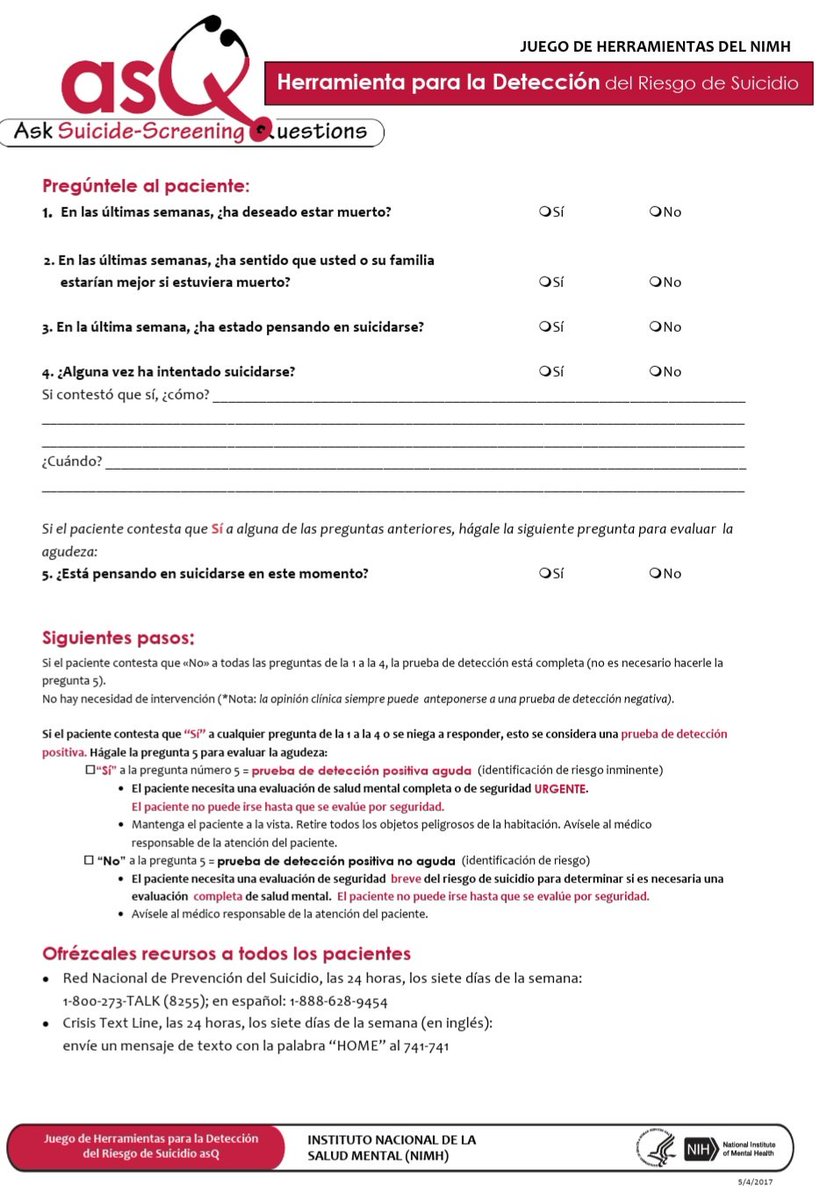 Los #Suicidios se pueden prevenir si se hacen las preguntas y tratamientos correctos

Una escala de 20 segundos para detección del Riesgo #Suicida es la escala #ASQ por la <a href="/NIH/">NIH</a>

Útil 
Reproducible 
Para 1er nivel
Para el especialista 
Para las escuelas 

nimh.nih.gov/research/resea…