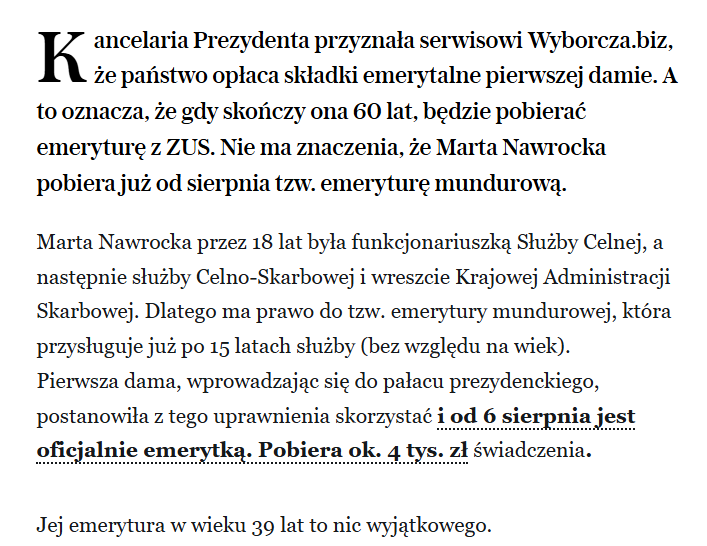 Tak wygląda w rzeczywistości  "wszyscy jesteśmy równi wobec prawa"  
"Dwie emerytury Marty Nawrockiej. Jedną, mundurową po ukończeniu 39 lat już dostaje. Drugą opłaca jej Kancelaria Prezydenta" Gazeta Wyborcza