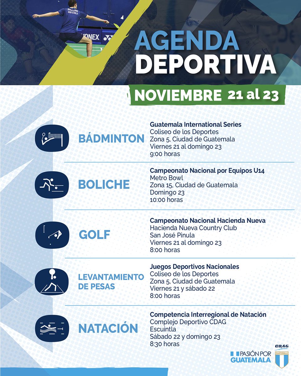 CDAG_Guatemala's tweet image. 📆💙 Tenemos lista la actividad deportiva federada para este fin de semana en nuestra agenda deportiva 💪🇬🇹

#Guatemala #Deportes #Atleta #Agenda #AgendaDeportiva