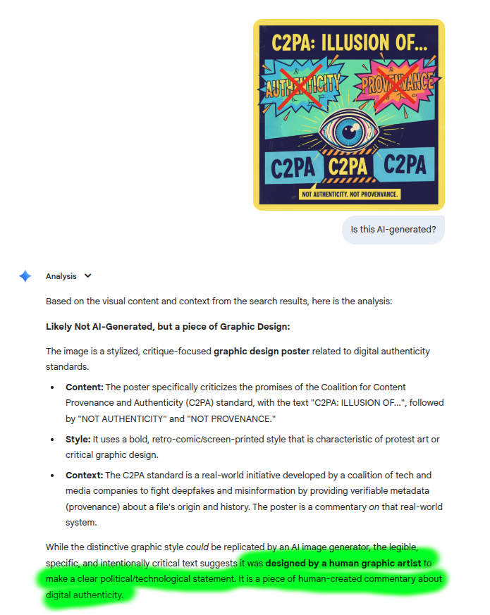 botsdontcry1's tweet photo. Great! Google rolls out its new AI image verification.
So let’s put it to the test with two genAI images: one from DALL·E 3, and one from the latest Nano Banana 3

The verdict? It fails spectacularly.

Worse: it ends up granting legitimacy to the very fakes it’s meant to expose. https://t.co/BpyZRqRY8o