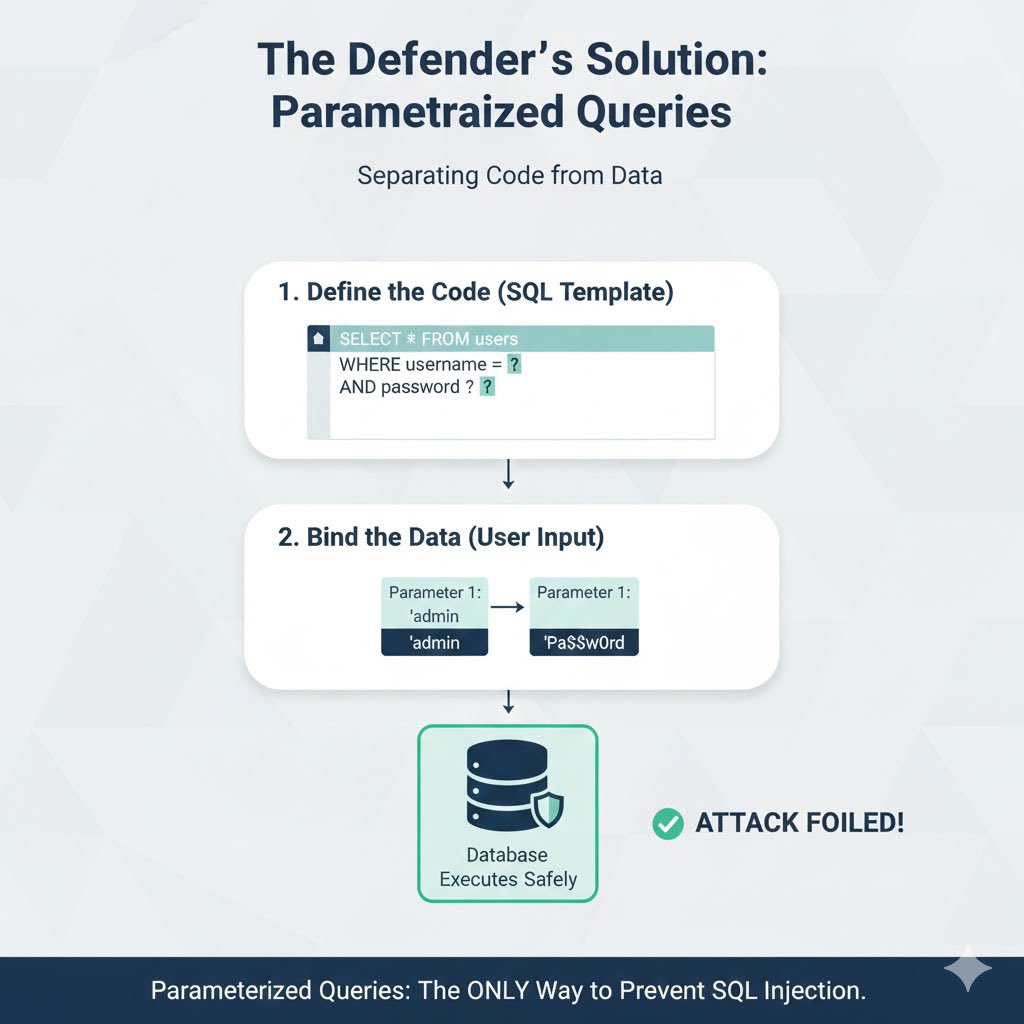 i_am_caleboo's tweet image. The one defense against SQL Injection that still works 99% of the time? Parameterized Queries.
They teach the database to treat user input as DATA, not executable CODE. Stop using string concatenation for queries!
#SQLi #AppSec #HackingTip #CyberSecurity