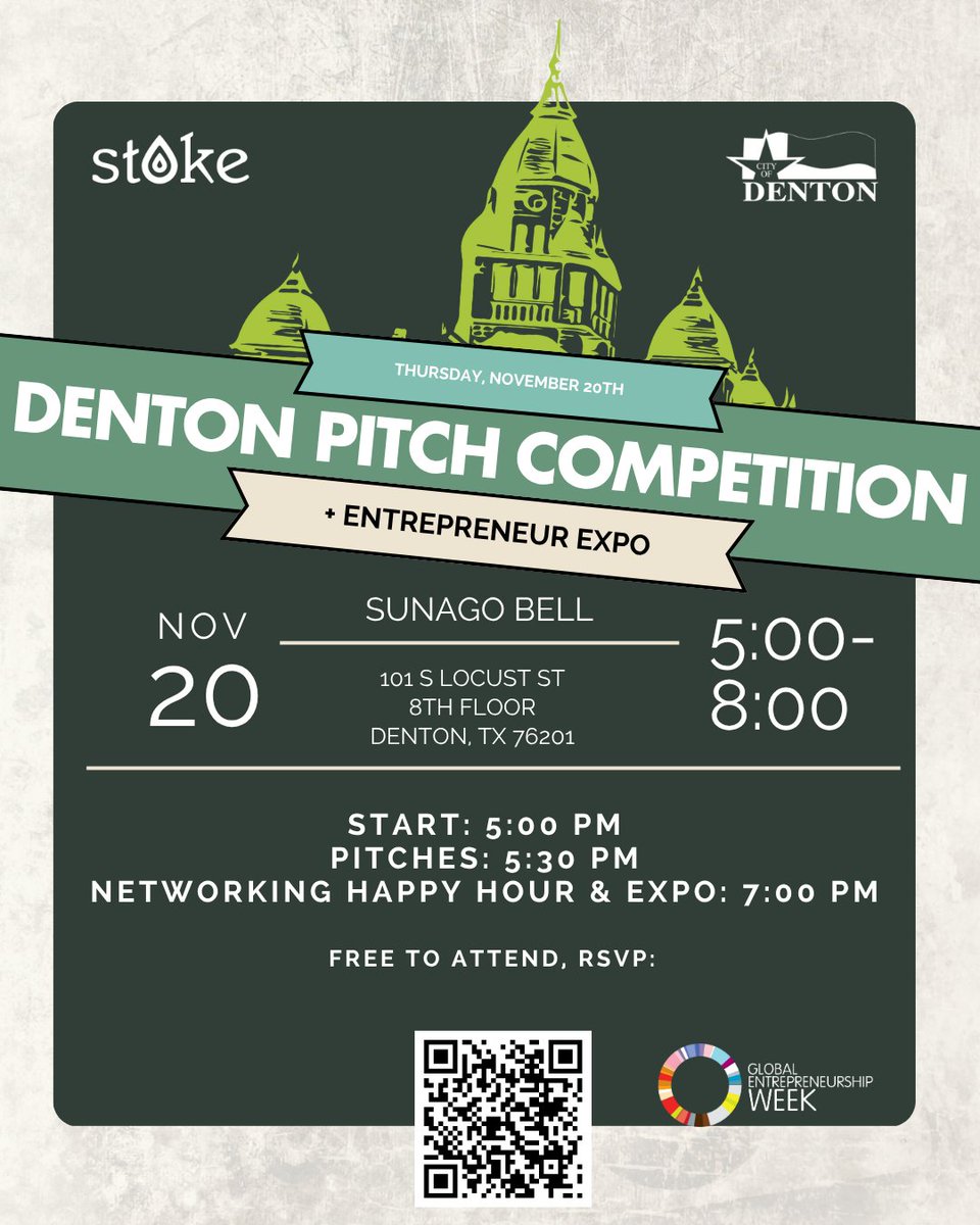 Tonight’s the night! The Denton Pitch Competition + Entrepreneurship Expo kicks off at 5pm at Sunago Bell, and ten incredible local businesses are ready to pitch their businesses. See you there!

RSVP: vist.ly/4fd5r