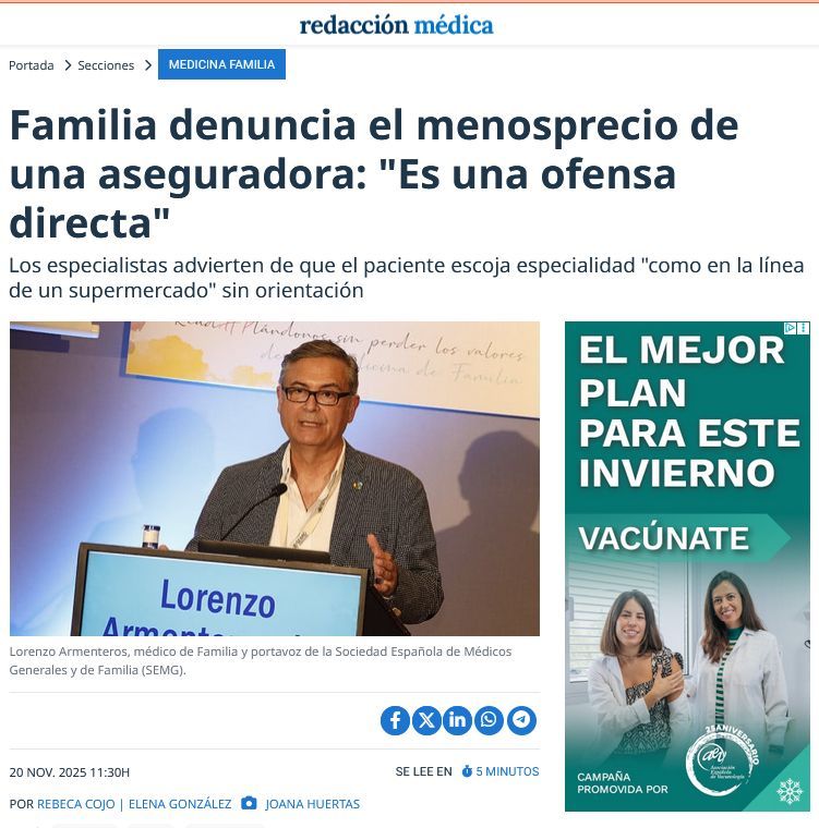 😠 #SEMG denuncia el menosprecio de una aseguradora a la #MFyC: "Es una ofensa directa" 

🗣️ Nuestro portavoz defiende con contundencia el papel esencial de la #AtenciónPrimaria en el sistema sanitario: "Un médico de Familia resuelve más del 85 por ciento de los problemas  de