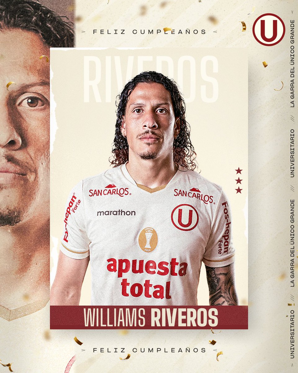 Universitario's tweet image. ¡𝗙𝗘𝗟𝗜𝗭 𝗗𝗜́𝗔, «𝗪𝗜𝗟𝗟𝗬»! 🛡️🎂🇵🇾

Hoy está de cumpleaños Williams Riveros Ibáñez, defensor de nuestro primer equipo y tricampeón nacional con la Ⓤ.

🏆 2023, 2024 y 2025

#TricampeUnes 
#UnTriConGarra