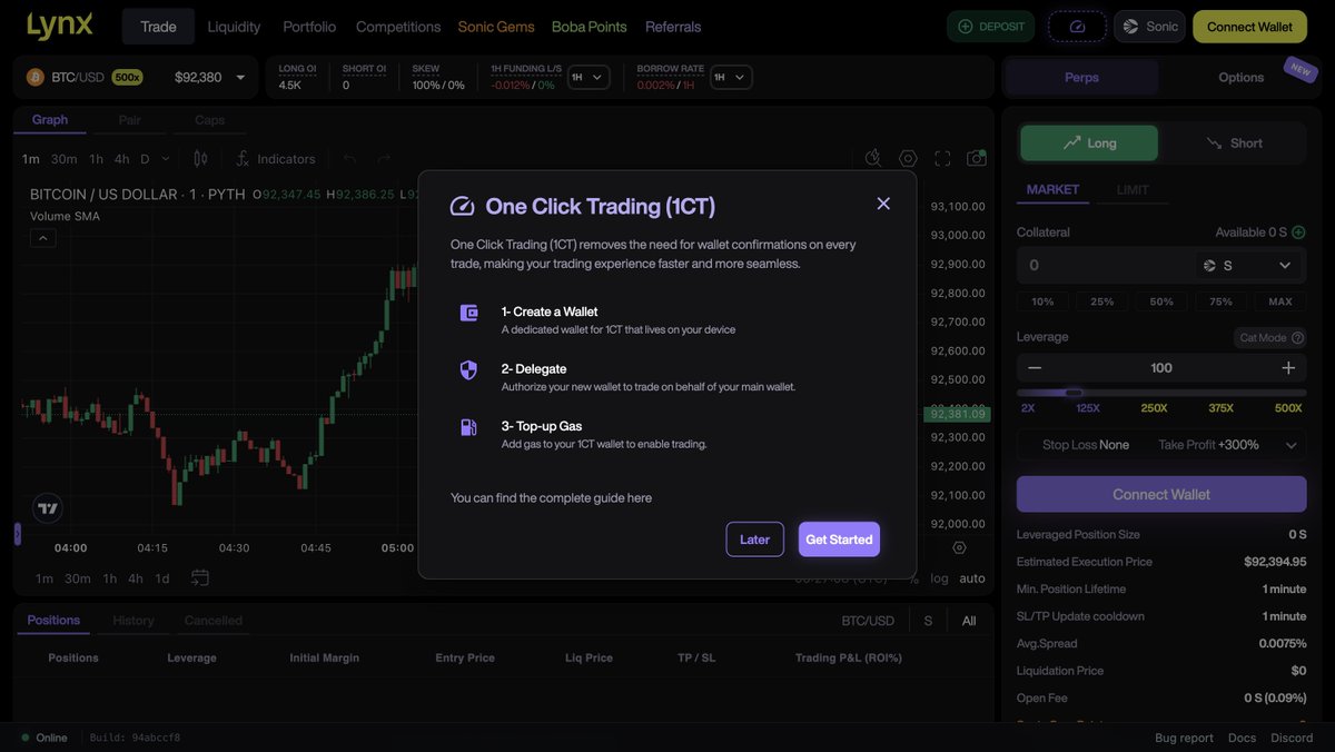 Lynx_Protocol's tweet image. Wondering how to use One Click Trading on Lynx?

Here&apos;s how 👇

➡️ Click “One Click Trading”
➡️ Create a 4-digit PIN to generate a 1 click trading wallet
➡️ Activate wallet and approve the token you wanna trade with
➡️ Add a little gas
➡️ Enable it