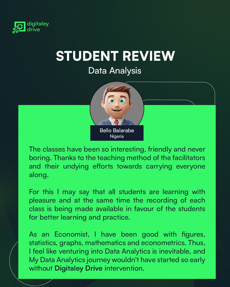 Digitaleydrive's tweet image. 🔥 Another Digitaley Drive success story!
Bello is transitioning confidently into Data Analytics ✍️ thanks to practical training, awesome facilitators, and a supportive learning environment.
Ready for your own transformation? 🚀
#DigitaleyDrive #DataAnalysis #TechSkills #Upskill