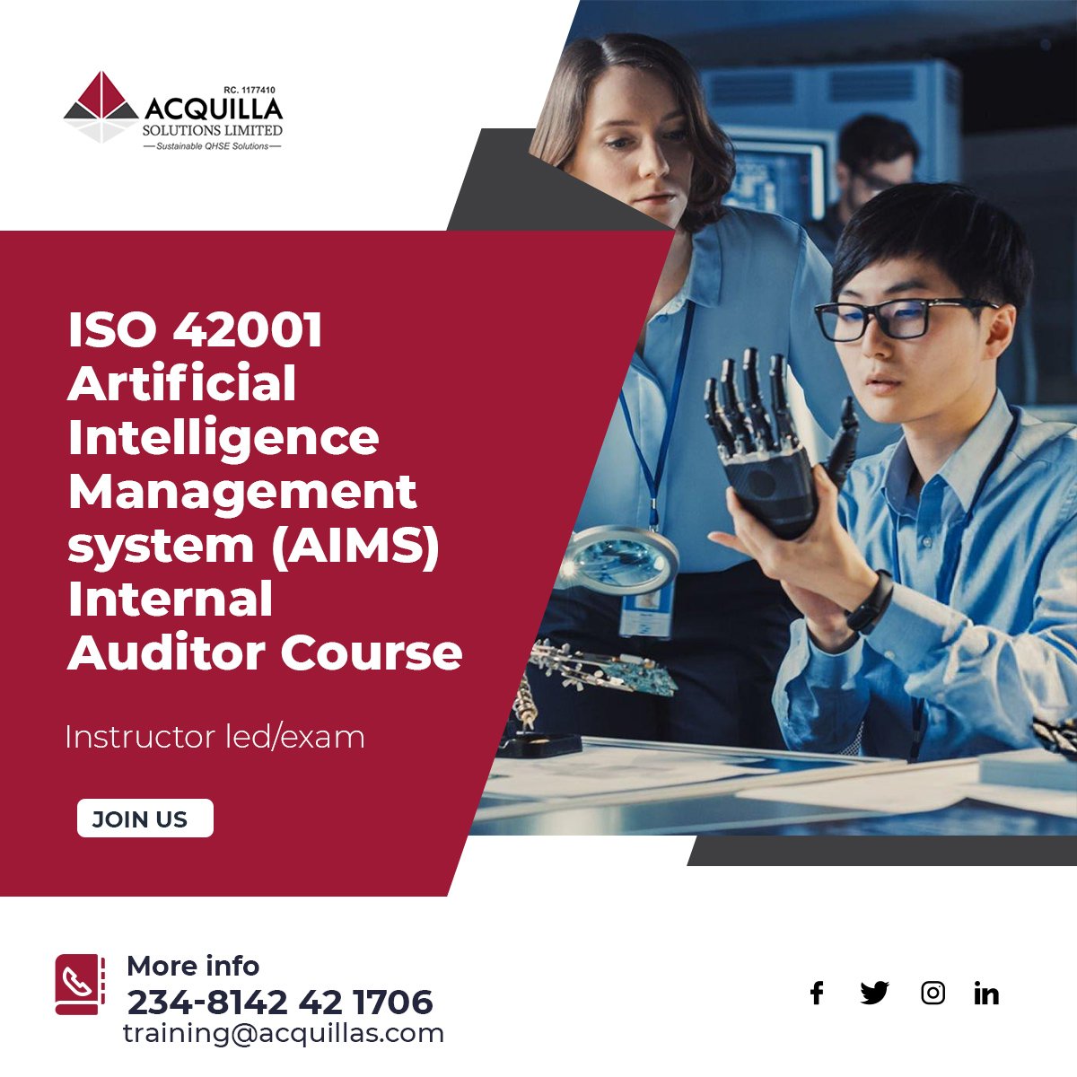 jos4kay's tweet image. Acquilla Solutions Limited offers ISO 42001 Artificial Intelligence Management system (AIMS) Awareness/Foundation Course taught by profession instructors in Instructor led/exam Formats.

Mail: training@acquillas.com or
Whatsapp: +234-814-242-1706
Website: acquillas.com/product/iso-42…
