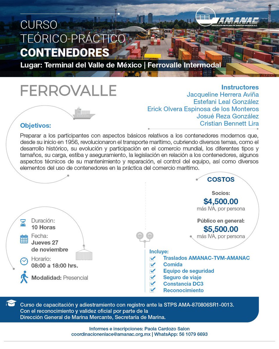 🚢 Participa en nuestro Curso Teórico–Práctico Contenedores, que realizaremos en Ferrovalle Intermodal. Domina tipos, estiba, normativa y operación real en 10 horas presenciales.

👉 Regístrate: coordinacionenlace@amanac.org.mx | 56 1079 6693