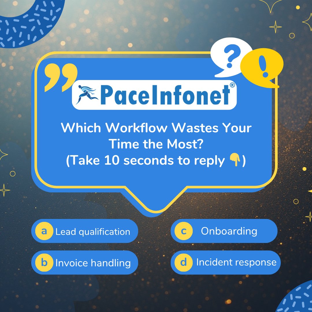 Paceinfonet's tweet image. Which Workflow Wastes Your Time the Most? Follow-up post after poll:💯

Comment which one haunts you.

#AutomationFails #BusinessGrowth #StartupLessons #AutomationTools #SaaSCommunity #TechStorytelling #WorkflowAutomation #n8n #BusinessOwnerLife #DigitalBusiness