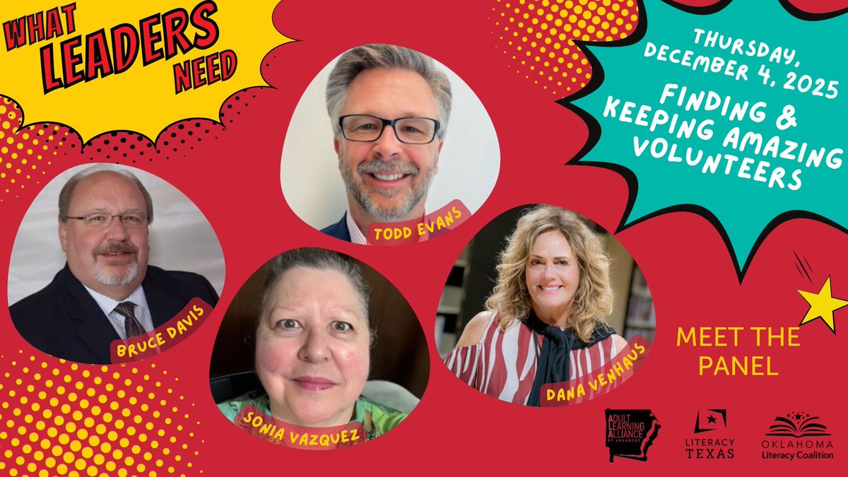 We have a panel of experts joining us in early December, for "What Leaders Need: Finding &amp; Keeping Amazing Volunteers." Free registration for this 90-min online session is open now: literacytexas.org/calendar/leade…