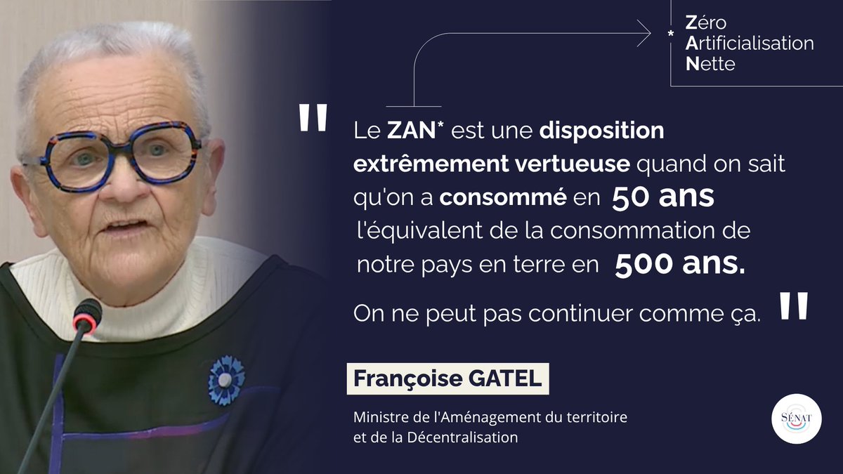🗣️ <a href="/FrancoiseGatel/">Françoise GATEL</a>, ministre de l'Aménagement du territoire et de la Décentralisation, s'est positionnée en faveur du dispositif Zéro artificialisation nette (#ZAN), en ajoutant qu'il fallait impérativement l'améliorer.

La ministre était auditionnée par la commission du