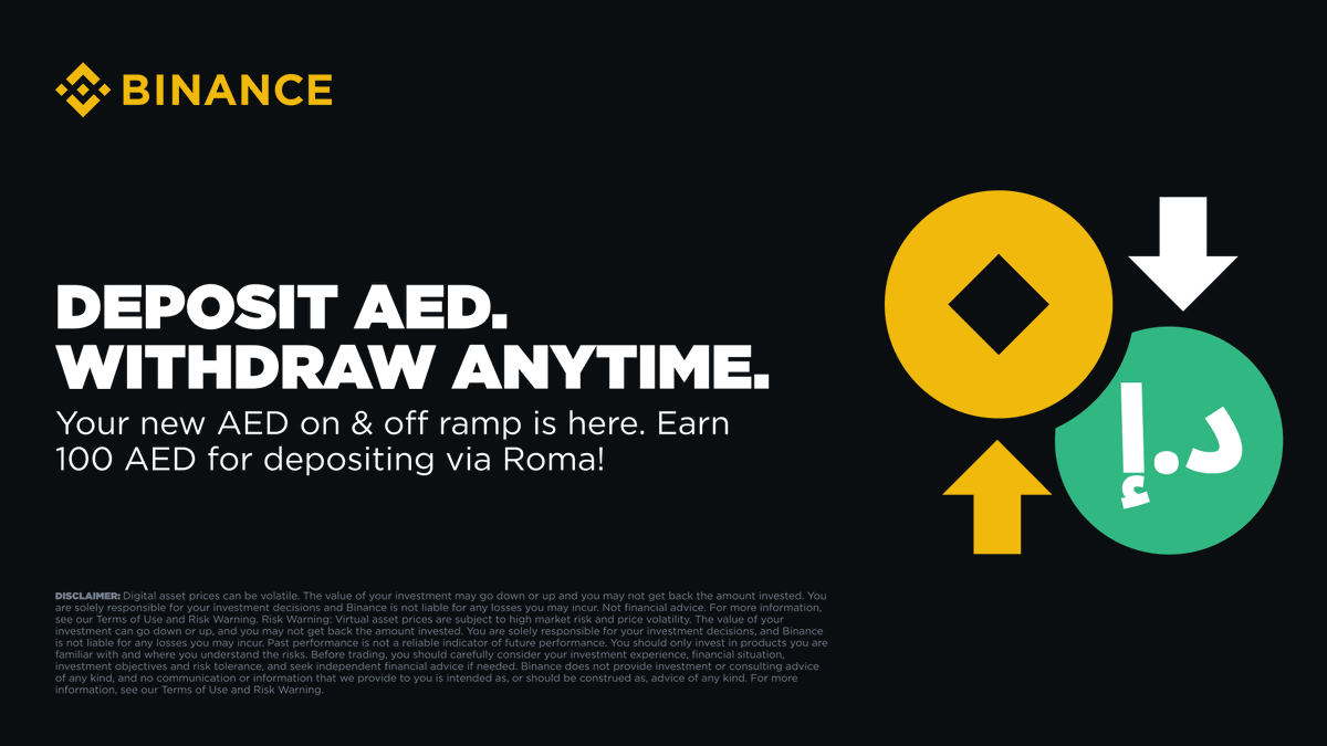 BinanceArabic's tweet image. UAE, big news! AED withdrawals with Roma are now LIVE. 💛

Sell USDT/USDC → AED and withdraw straight to your bank in minutes.

Deposit 100 AED via Roma and you could get 100 AED back from our 200,000 AED reward pool. 👀

Don’t miss out  👉shorturl.at/76Yvv