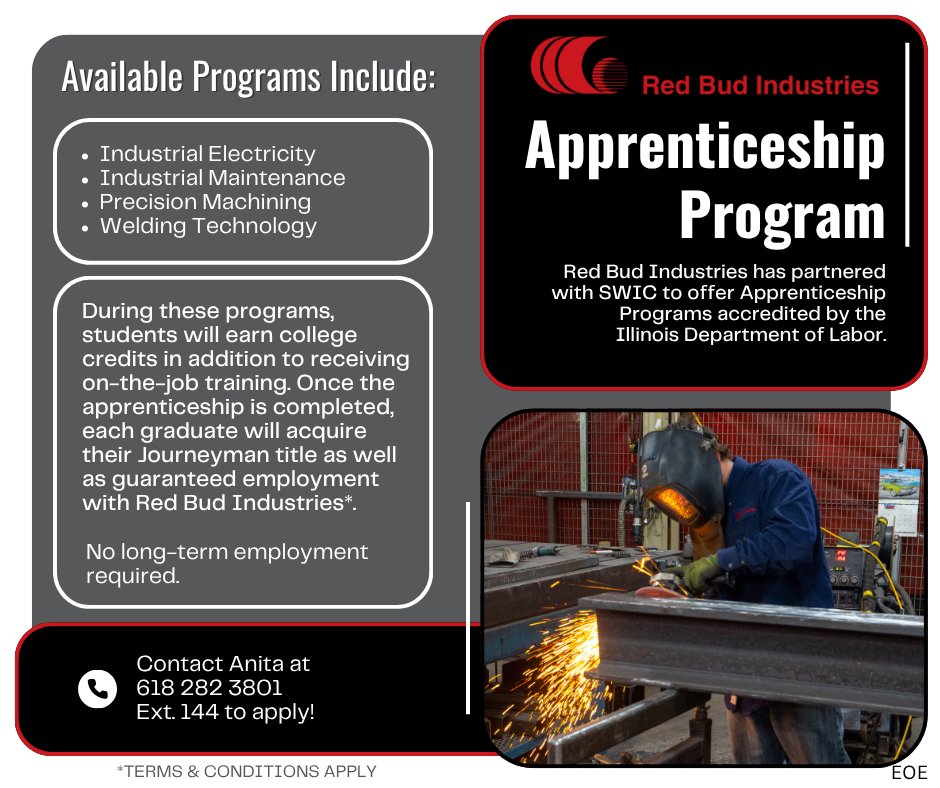 𝐋𝐨𝐨𝐤𝐢𝐧𝐠 𝐭𝐨 𝐬𝐭𝐚𝐫𝐭 𝐚 𝐜𝐚𝐫𝐞𝐞𝐫 𝐢𝐧 𝐭𝐡𝐞 𝐈𝐧𝐝𝐮𝐬𝐭𝐫𝐢𝐚𝐥 𝐓𝐫𝐚𝐝𝐞𝐬?
There is no long-term employment commitment required by the Apprentice.

Contact Anita at 618 282 3801 Ext. 144 to apply. 
redbudindustries.com/apprenticeship…