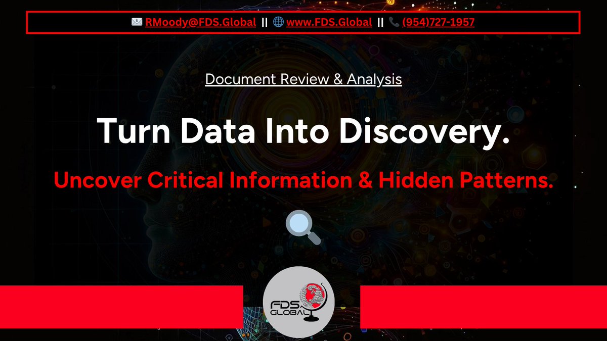 FDSGlobal's tweet image. Using #AdvancedAnalyticalTools &amp;amp; #ProvenMethodologies, #FDSGlobal #Transforms raw #Data into #ActionableInsights

To learn more,
🔗 bit.ly/3RAs9OX 
📞 (954)727-1957

#EDiscovery #LegalTeams #CriticalInformation #HiddenPatterns