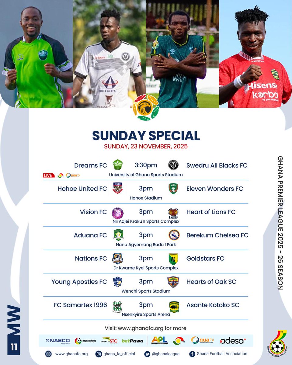 GhanaLeague's tweet photo. Another Sunday Special is coming. This time, we have 7 matches⚽ .

Which game are you looking forward to?

#GPL https://t.co/uTXil31jHQ