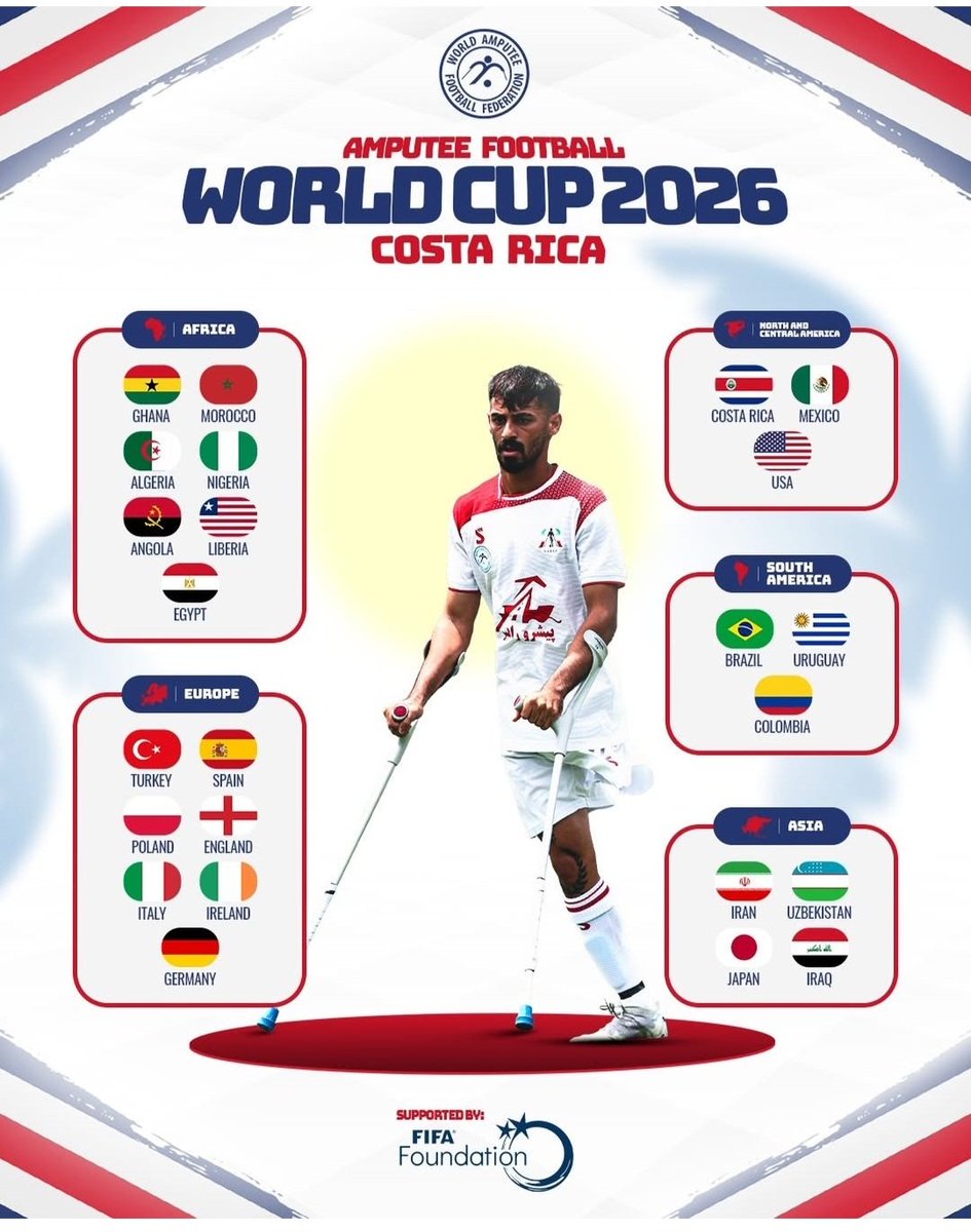 Estos son los países que competirán en el Mundial de #futbol amputados de Costa Rica 2026

España 🇪🇸, uno de los siete equipos europeos en la competición 
⚽️⚽️⚽️
#amputee #amputeefootball