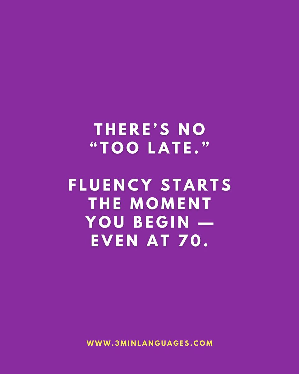 3MLanguages's tweet image. There’s no “too late.”
 Fluency rewards consistency, not age.
 👉 Start now: 3minlanguages.com

#3MinuteLanguages #StudyIn3 #LanguageLearning #MicroLearning #Consistency #LearnFrench #LearnSpanish #LearnGerman #LearnItalian #LearnPortuguese