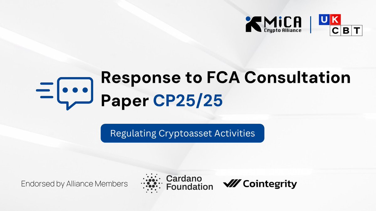 🤝 The MiCA Crypto Alliance and the <a href="/UKCBT_org/">UK CBT</a> have submitted a joint response to the <a href="/TheFCA/">Financial Conduct Authority</a>’s Consultation Paper CP25/25 on the application of the FCA Handbook to regulated crypto-asset activities. The response was endorsed, with  further contribution from Alliance members the
