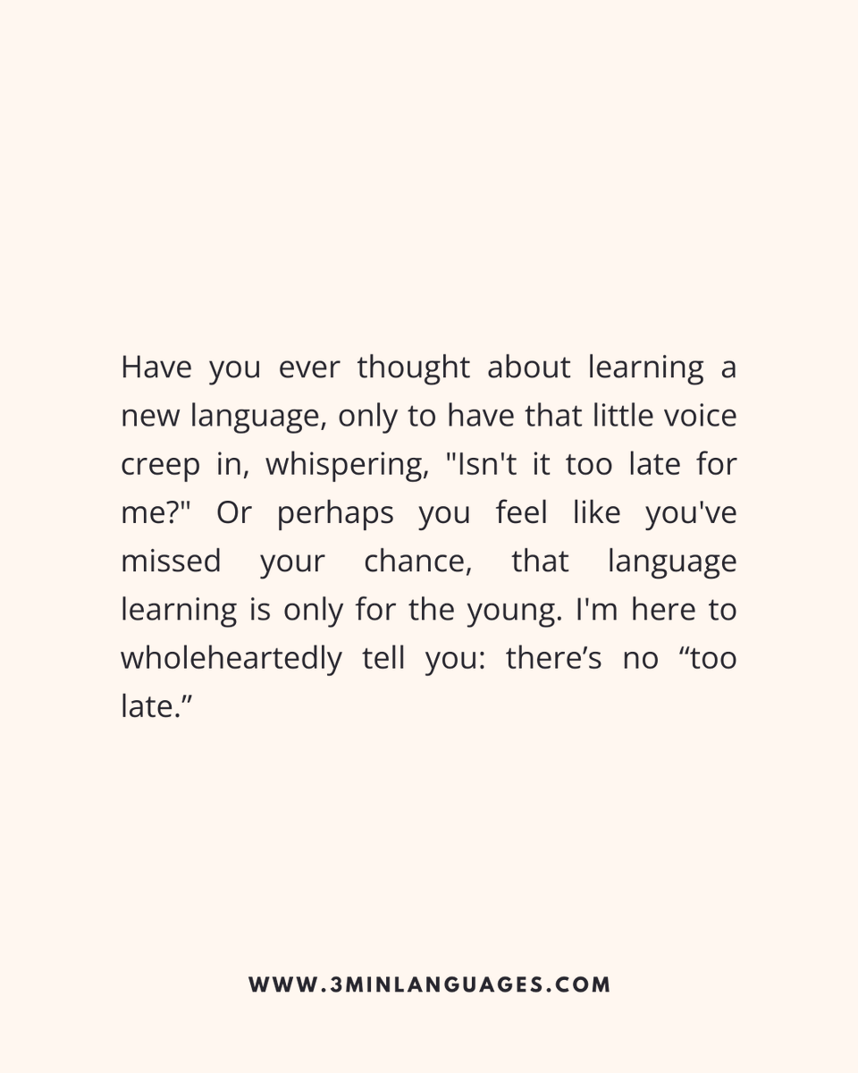 3MLanguages's tweet image. There’s no “too late.”
 Fluency rewards consistency, not age.
 👉 Start now: 3minlanguages.com

#3MinuteLanguages #StudyIn3 #LanguageLearning #MicroLearning #Consistency #LearnFrench #LearnSpanish #LearnGerman #LearnItalian #LearnPortuguese