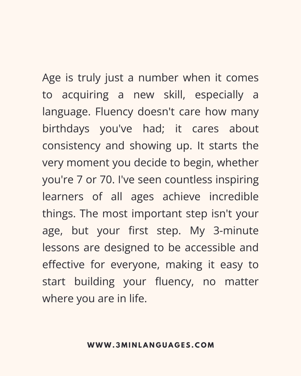 3MLanguages's tweet image. There’s no “too late.”
 Fluency rewards consistency, not age.
 👉 Start now: 3minlanguages.com

#3MinuteLanguages #StudyIn3 #LanguageLearning #MicroLearning #Consistency #LearnFrench #LearnSpanish #LearnGerman #LearnItalian #LearnPortuguese