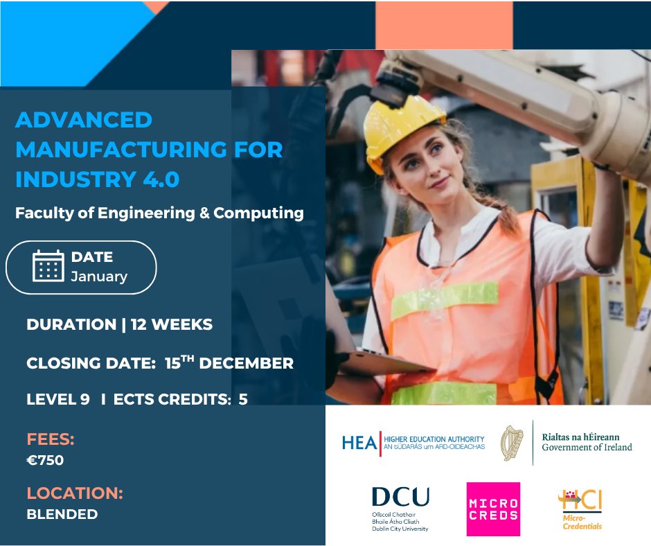 DCU’s Advanced Manufacturing for Industry 4.0 microcredential covers smart manufacturing, digitalisation &amp; innovation, fully online for professionals ready to upskill

Learn more  dcu.ie/micro-credenti…

<a href="/MicroCreds/">MicroCreds</a>
<a href="/DCU/">Dublin City University</a>
<a href="/IUAofficial/">Irish Universities Assoc.</a>