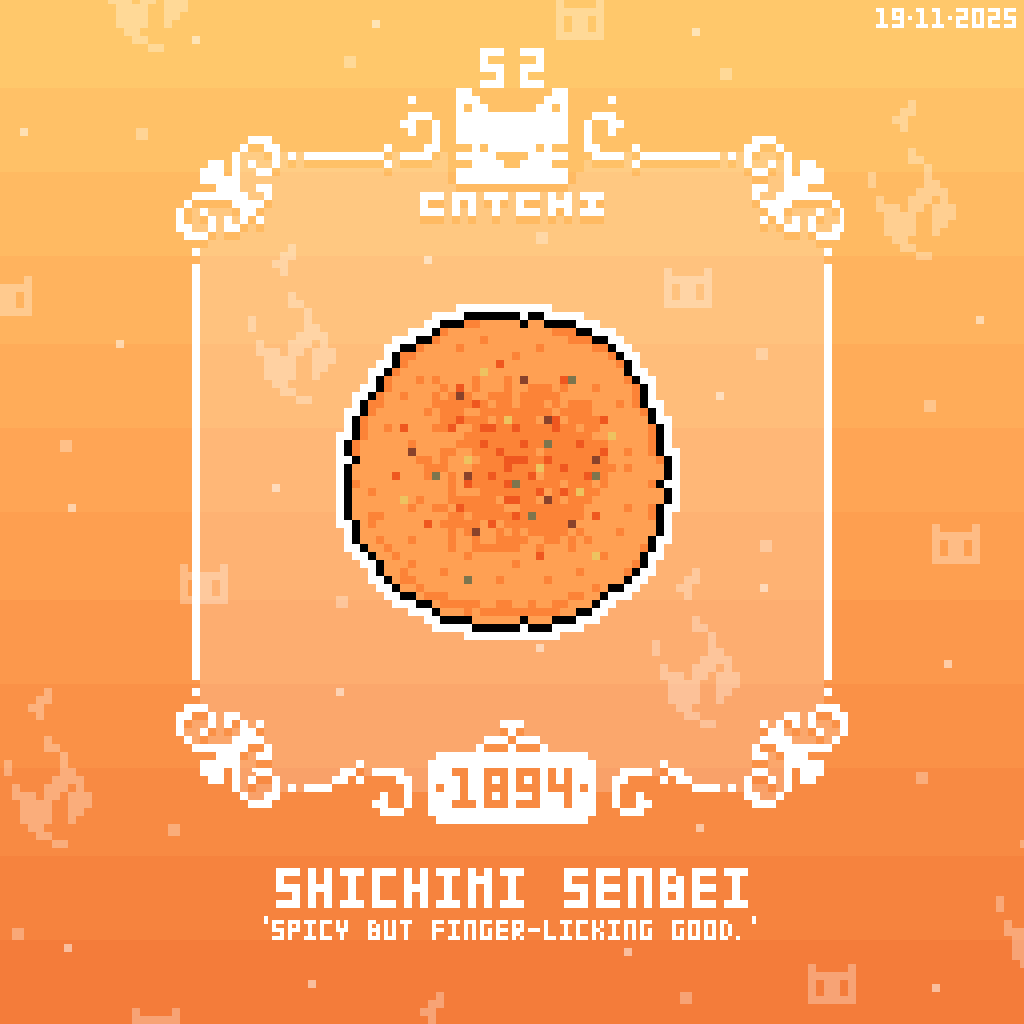 Catchi_52's tweet image. ＜七味粉仙貝＞
「辣辣的，但好吃到停不下來」

-20/11/2025 [像素日更 Daily pixel 1894] #像素 #美食 #pixels #pixelart #food #drawing #tasty #illustration #art